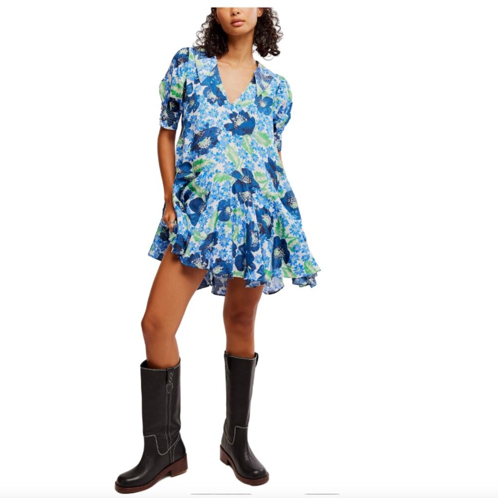 NWT Free People Moon Chaser Blue Floral Vintage Inspired Mini Dress size M